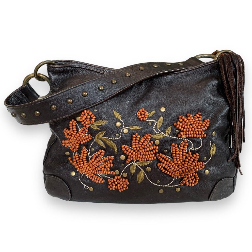 Chi By Carlos Falchi Brown Leather Beaded & Embroidered Shoulder Bag
